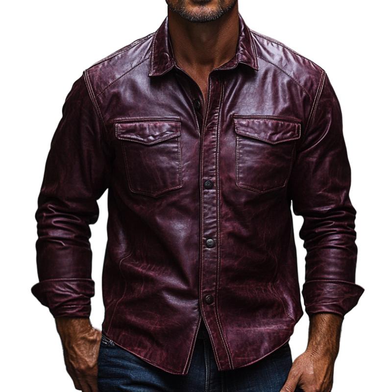 Men's Vintage Burgundy Lapel Long Sleeve Leather Shirt 26421999F