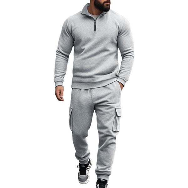 Men's Solid Color Casual Plush Warm Zipper Stand Collar Sweatshirt Sweatpants Set 08038864Y