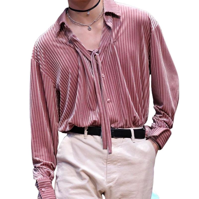 Men's Casual Fashionable Vertical Striped Velvet Long-sleeved Shirt 18279496K