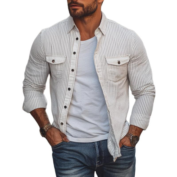 Men's Fashion Striped Lapel Long Sleeve Cargo Shirt 17472806M