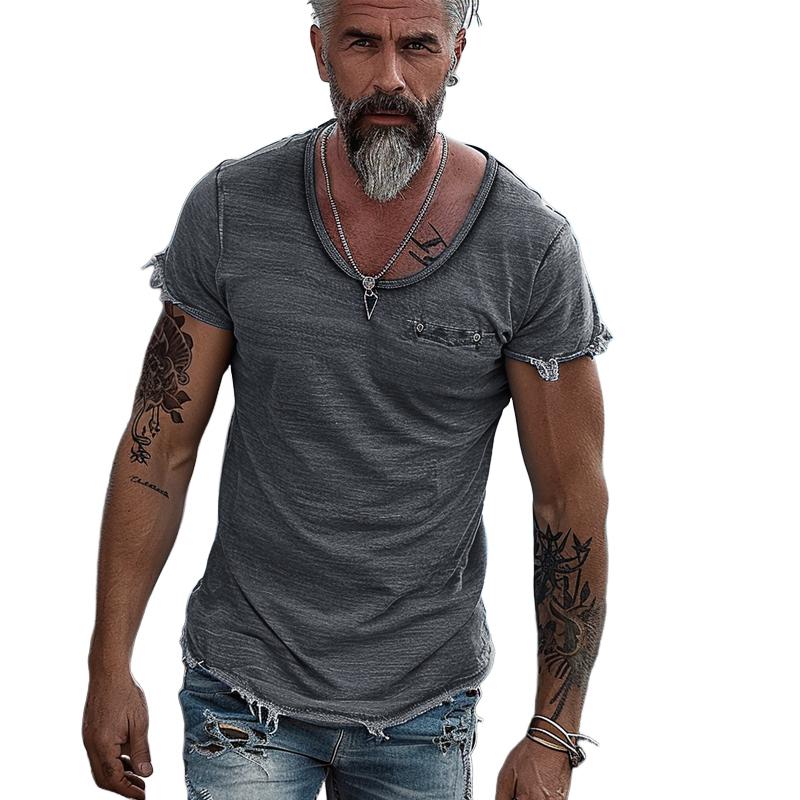 【Envío en 24 horas】Camiseta de manga corta con cuello redondo y borde sin rematar de color liso retro para hombre 58726427Y