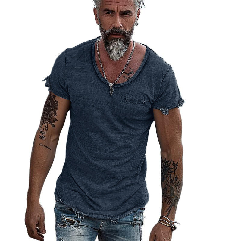 Men's Retro Solid Color Round Neck Raw Edge Short Sleeve T-Shirt 58726427Y