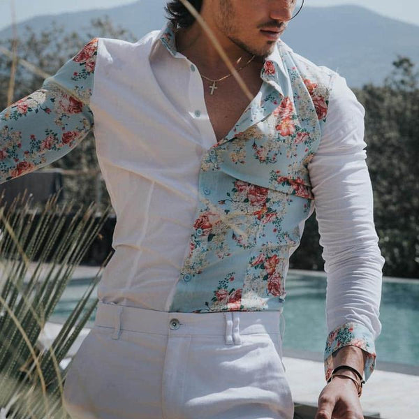 Men's Floral Stitching Lapel Long Sleeve Romantic Casual Shirt 36829251Z