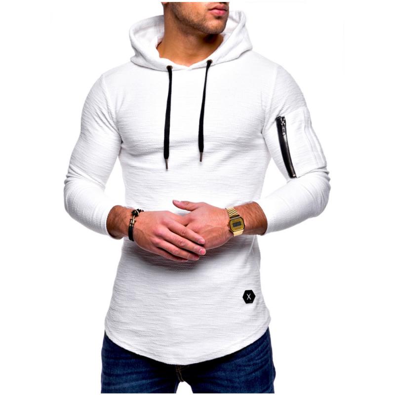 Men's Classic Casual Arm Zipper Solid Color Crew Neck Hooded Long Sleeve T-Shirt 86433370K