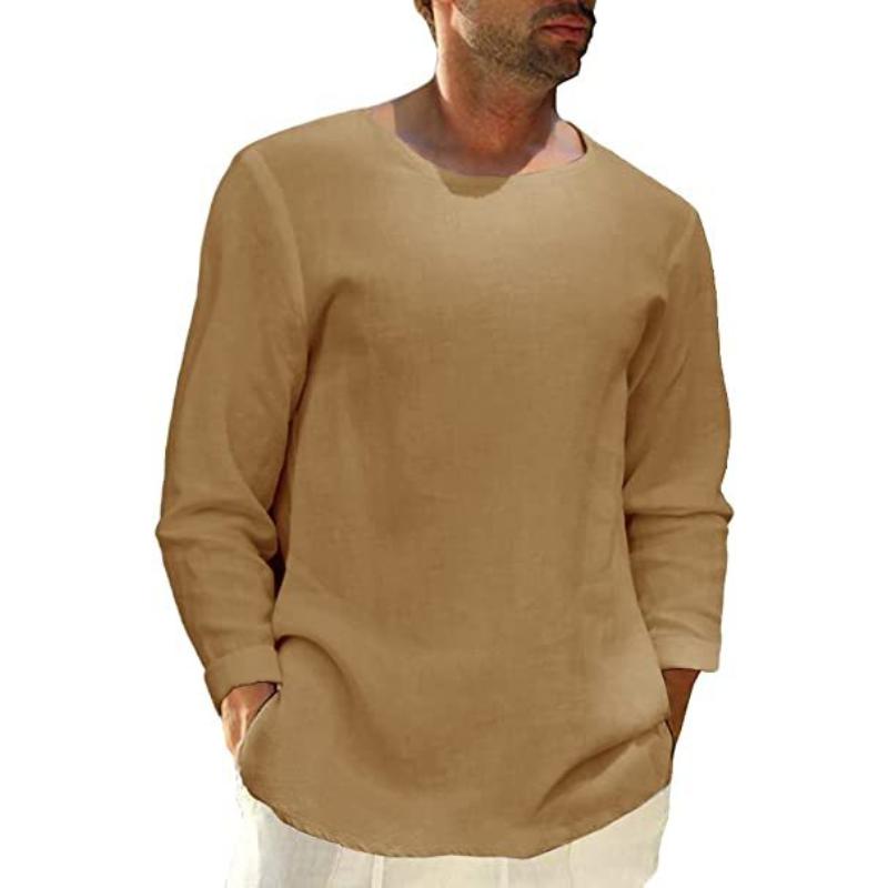 Men's Cotton And Linen Solid Color Loose Long-Sleeved T-Shirt 13863695Y