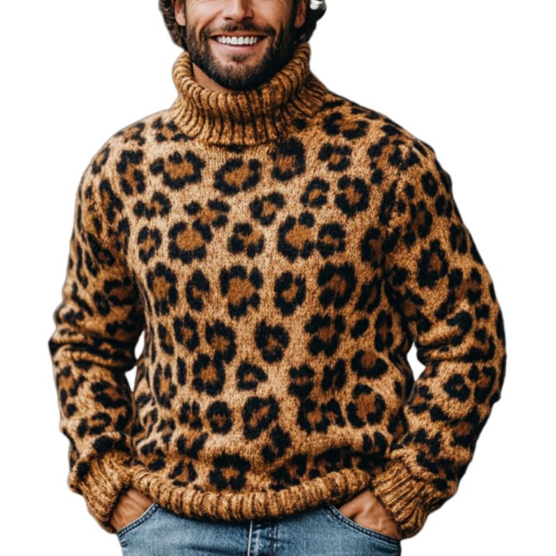 Men's Fashion Leopard Jacquard Turtleneck Warm Knitted Sweater 82831835M