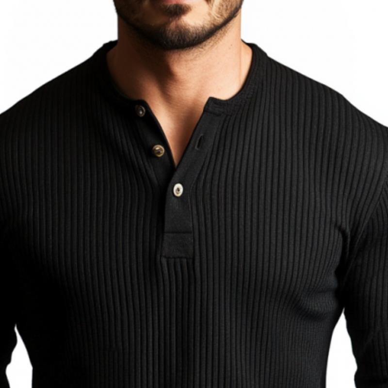 Men's Casual Rib Stripe Henley Neck Slim Fit Long Sleeve T-Shirt 75306283M