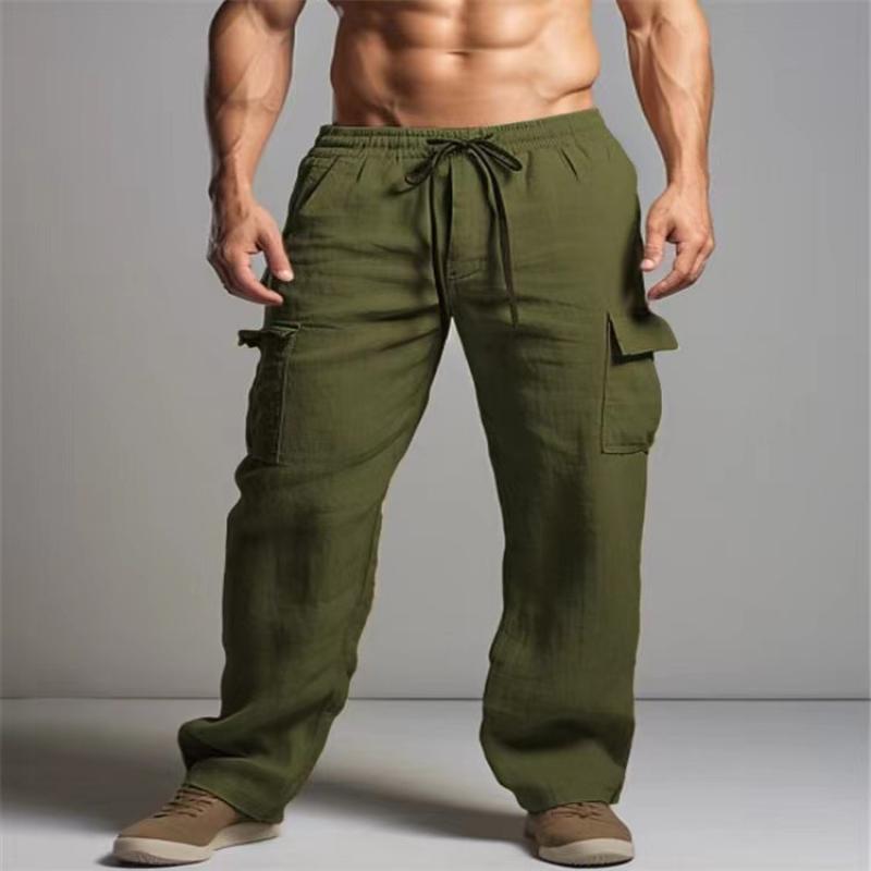 Men's Solid Cotton And Linen Elastic Waist Multi-pocket Casual Pants 09929953Z