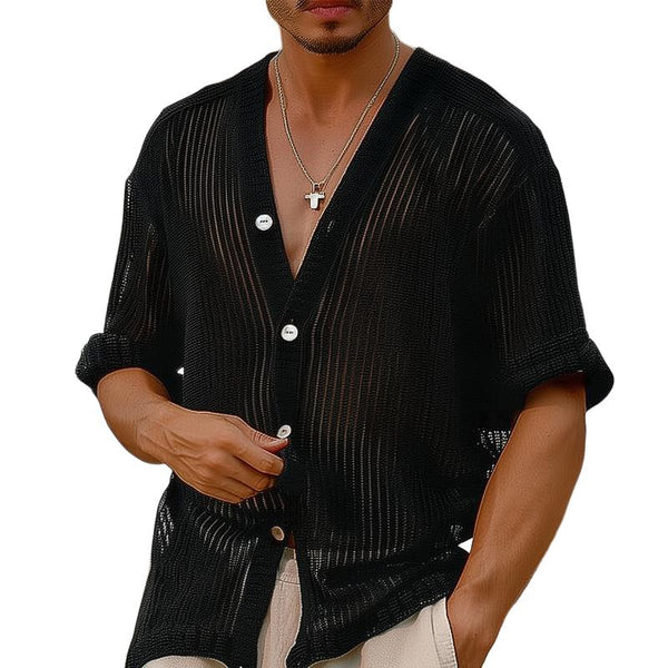 Men's Solid Breathable Striped V Neck Short Sleeve Shirt 77403863Z