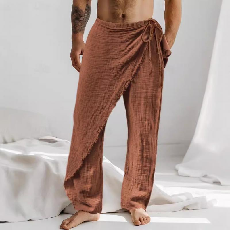 Men's Casual Linen Asymmetric Lace-Up Pants 15764668Y