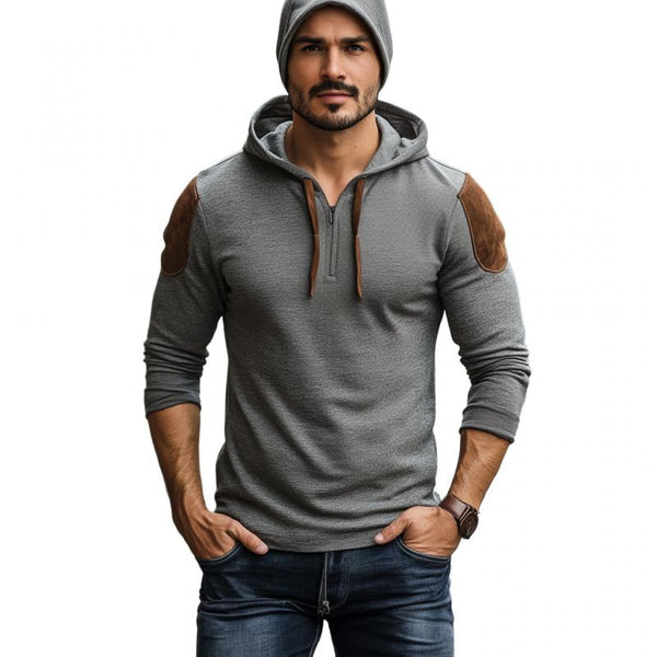 Men's Fashion Cotton Suede Patchwork Zipper Neck Slim Fit Hoodie 91489213M