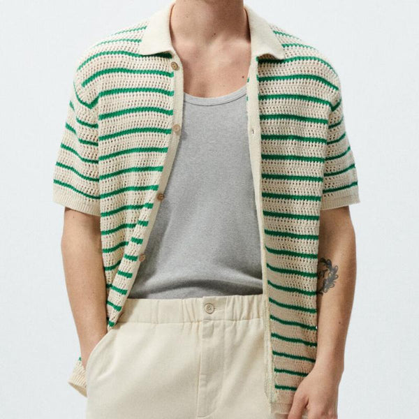 Men's Casual Striped Lapel Short-Sleeved Knitted Cardigan 59721856M