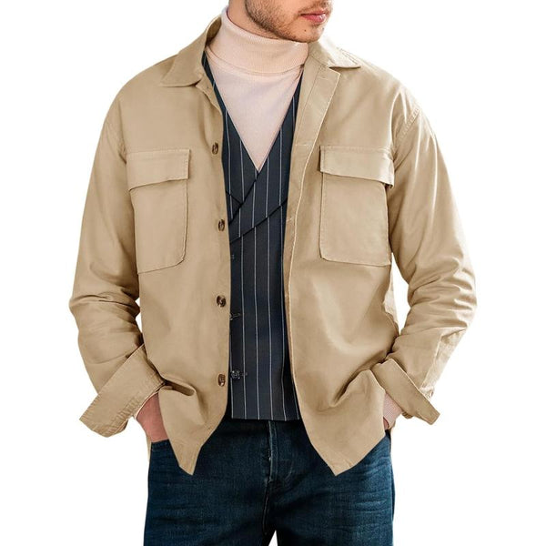 Men's Casual Solid Color Lapel Double Chest Pocket Overshirt Jacket 55514510Y