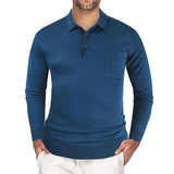 Men's Solid Knitted Lapel Breast Pocket Long Sleeve Polo Shirt 33707794Z