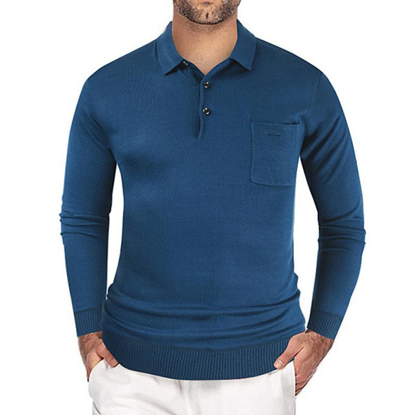 Men's Solid Knitted Lapel Breast Pocket Long Sleeve Polo Shirt 33707794Z