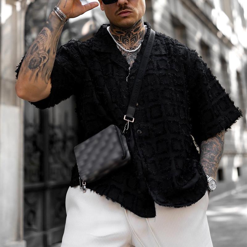 Men's Solid Texture Fabric Lapel Short Sleeve Casual Shirt 74302419Z