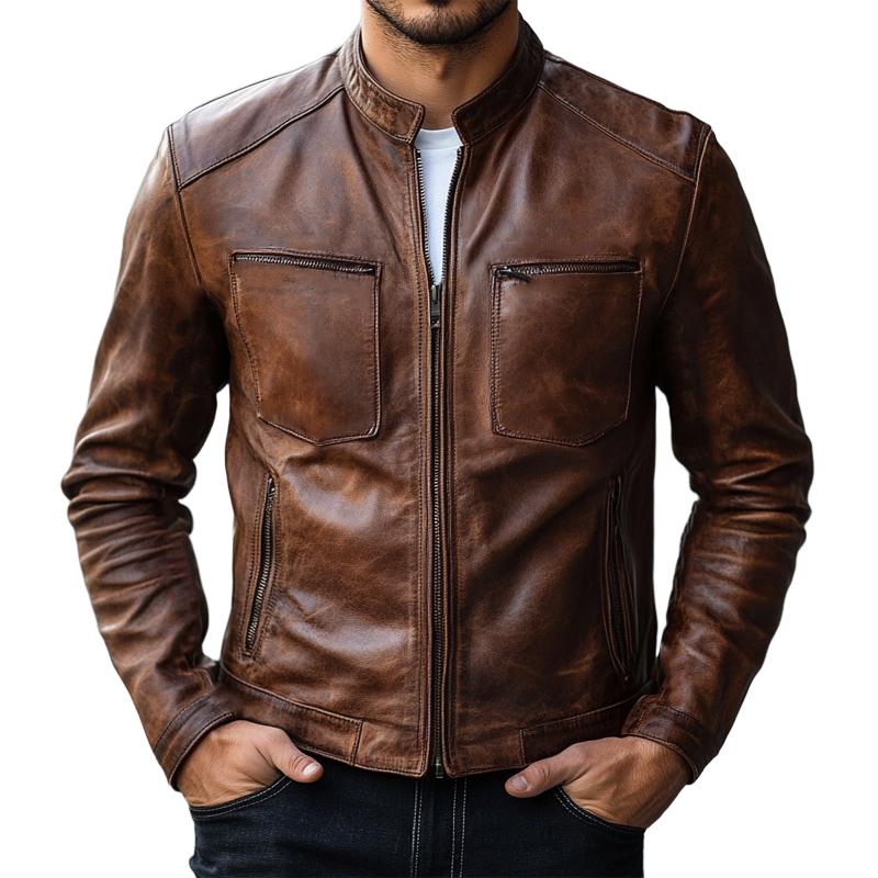 Men's Vintage Red Brown Zipper Leather Jacket 15004422U