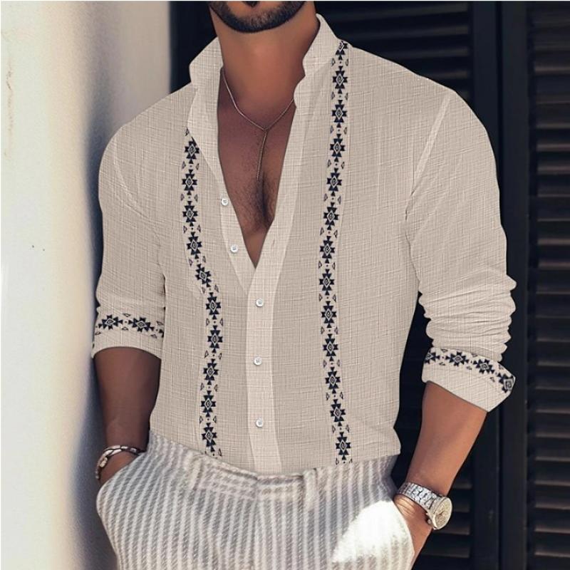 Men's Retro Casual Print Stand Collar Long Sleeve Shirt 62660083TO