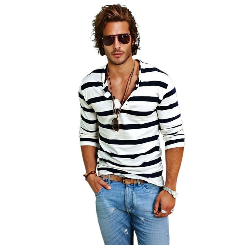 【24-hour shipping】Men's Casual Striped Henley Collar Long Sleeve T-Shirt 74002086Y