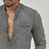 Men's Casual Retro Denim Patchwork Pocket Long Sleeve Shirt 21224251TO