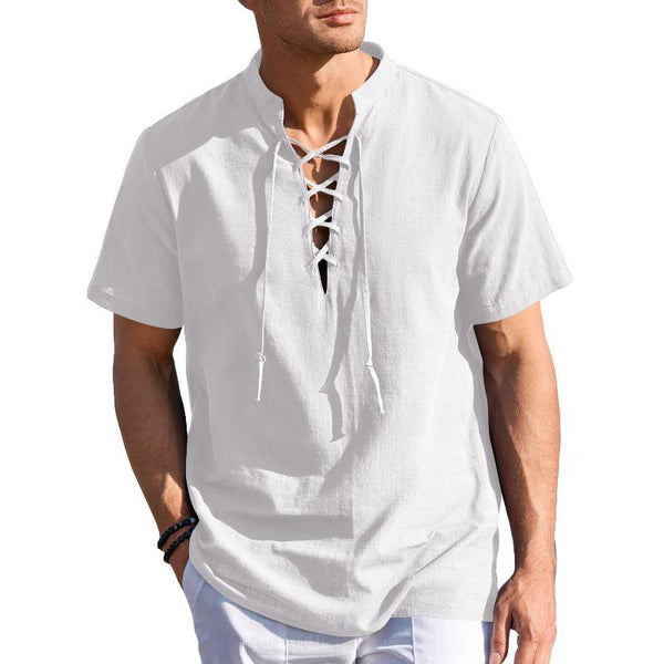 Men's Solid Color Cotton And Linen V-Neck Lace-Up Short-Sleeved Shirt 55607564Y