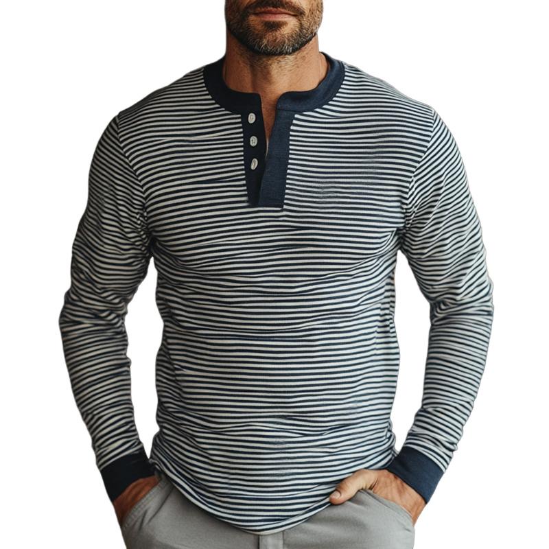 Men's Blue and White Striped Three-button Long-sleeved T-shirt 85058431U