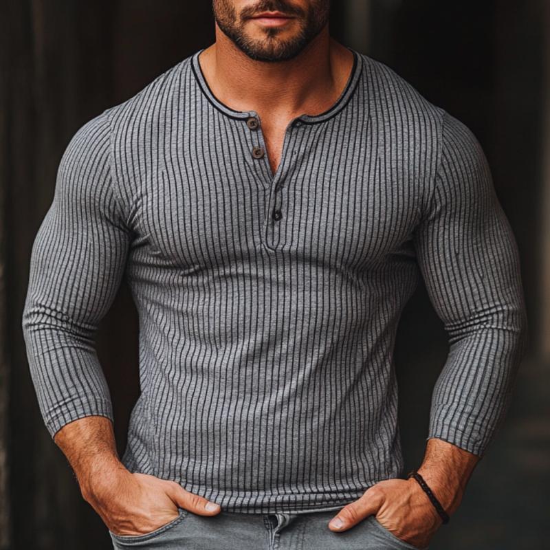 Men's Casual Striped Henley Collar Slim Fit Long Sleeve T-Shirt 70706637M