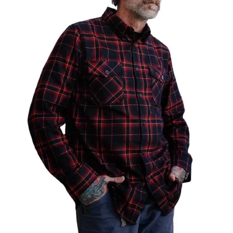 Men's Stylish Red and Black Plaid Lapel Long-sleeved Shirt 17100817F