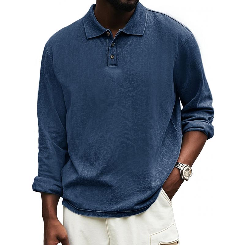 Men's Solid Color Loose Lapel Long Sleeve Polo Shirt 86065007Z