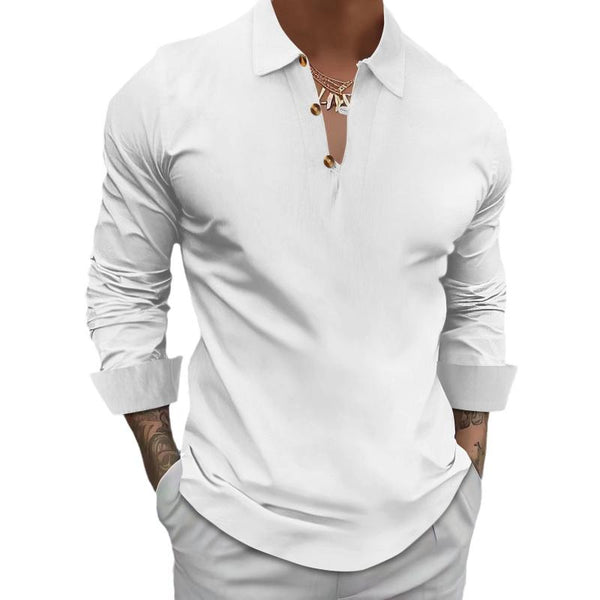 Men's Casual Cotton Linen Lapel Button Pullover Long Sleeve Shirt 78941550M