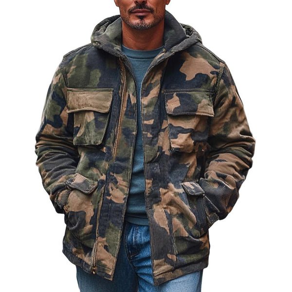 Men's Vintage Camouflage Multi-Pocket Hooded Coat 04587941X