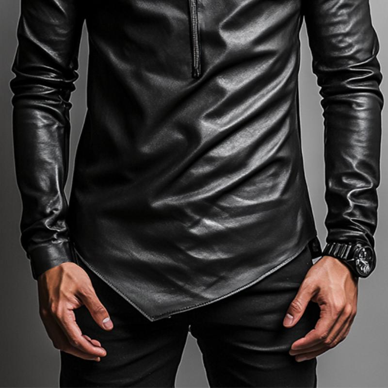 Men's Casual  Round Neck Irregular Hem Leather Long Sleeve T-shirt 82551647K