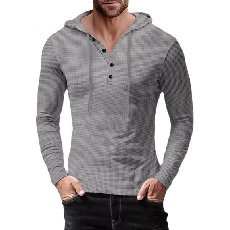 Men's Casual Solid Color Waffle Slim Long Sleeve Hoodie 06245850M