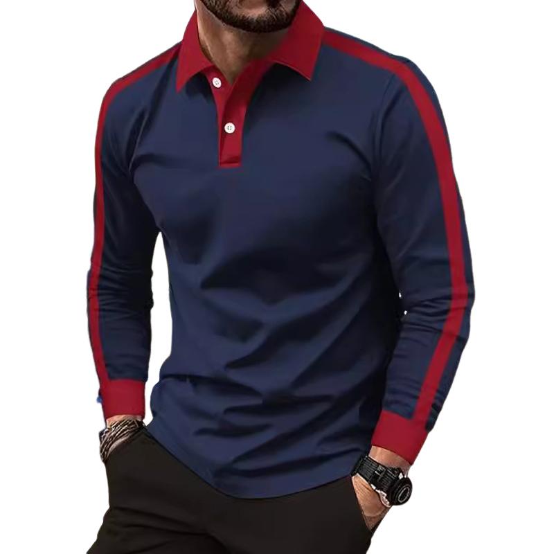 Men's Contrast Color Lapel Long Sleeve Polo Shirt 16654899X