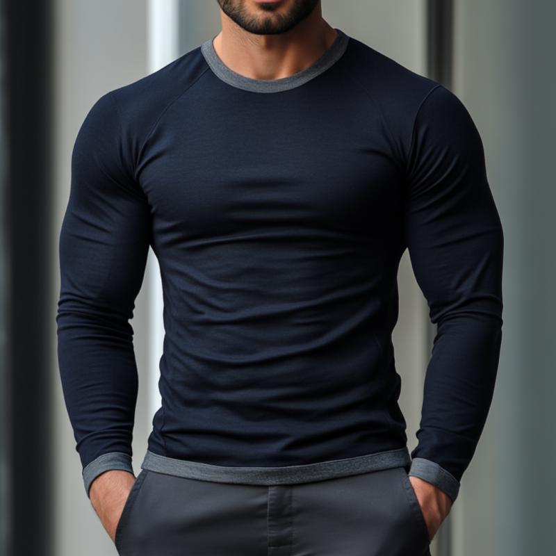 Men's Casual Colorblock Patchwork Round Neck Tight Long Sleeve T-shirt 66213888M