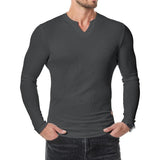 Men's Casual Solid Color Striped V-Neck Slim Fit Long Sleeve T-Shirt 49305594M