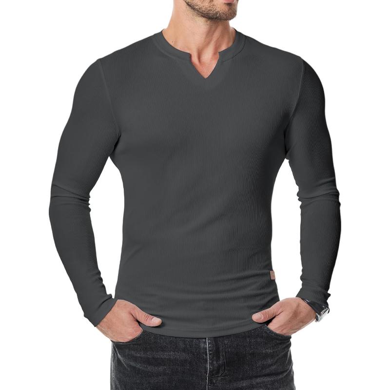 Men's Casual Solid Color Striped V-Neck Slim Fit Long Sleeve T-Shirt 49305594M