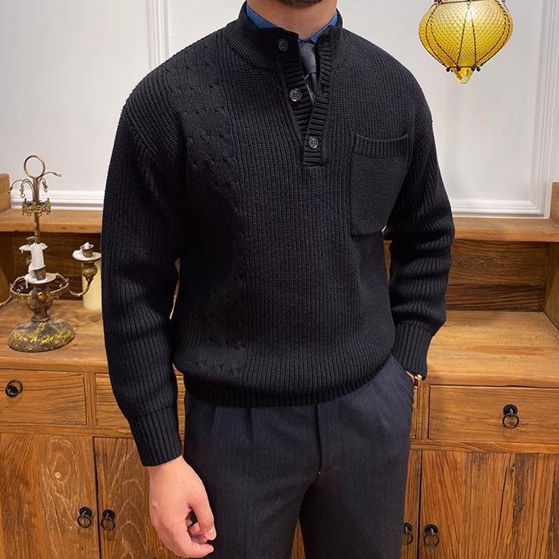 Men's Half High Collar Buttons Collar Breast Pocket Solid Knit Sweater 28088945Z