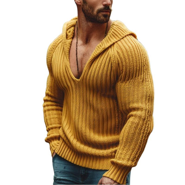 Men's Casual Solid Color V-Neck Tight Hooded Sweater 19696527Y