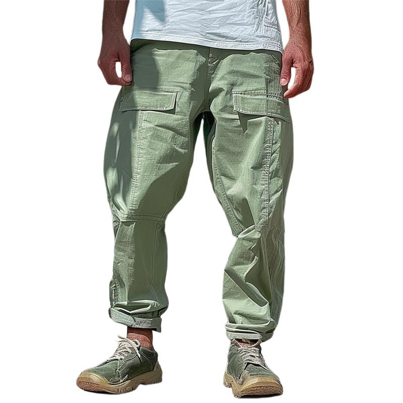 Men's Solid Cotton Multi-pocket Straight Loose Cargo Pants 71552456Z