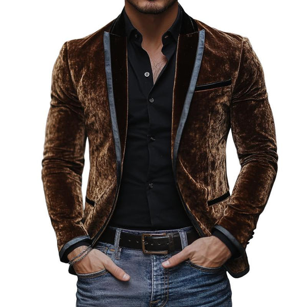 Men's Vintage Velvet Leather Patchwork Peak Lapel Single Breasted Blazer 23925801M