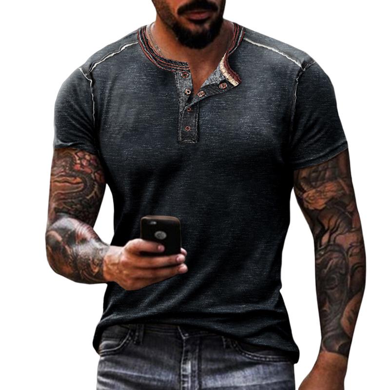 T-shirt da uomo con stampa vintage a maniche corte e collo Henley 92715536X