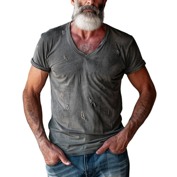 Men's Vintage Ripped V-neck Short-sleeved T-shirt 96458761X