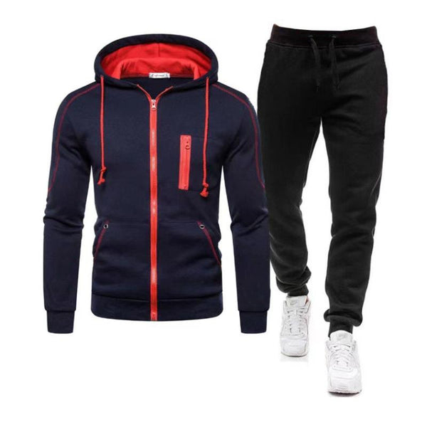 Men's Casual Colorblock Zipper Hooded Sports Jacket Elastic Waist Pants Set 15967302M