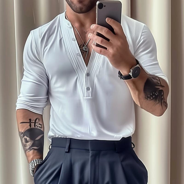 Men's Fashion Solid V Neck Long Sleeve Shirt 57554079Z
