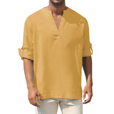 Men's Casual Solid Color Loose Cotton Linen Long Sleeve Shirt 69242533M