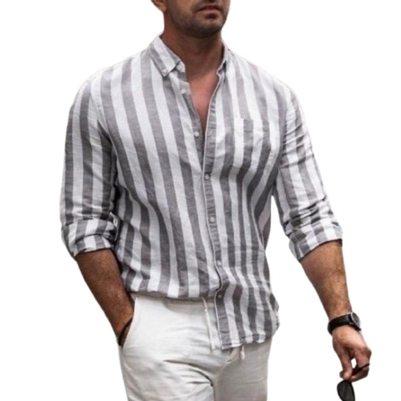 Men's Casual Fashionable Vertical Striped Linen Long-sleeved Shirt 15043015K