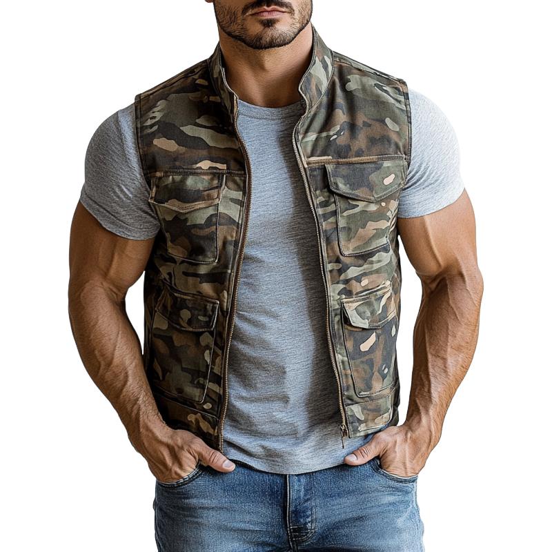 Men's Fashion Camouflage Washed Stand Collar Multi-Pocket Zipper Vest 77191199Y