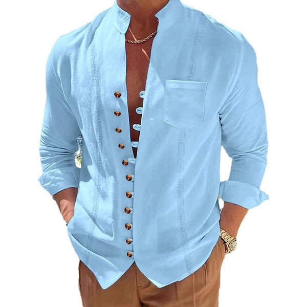 Men's Retro Stand Collar Cotton Linen Blended Loose Long-sleeved Shirt 14896332M