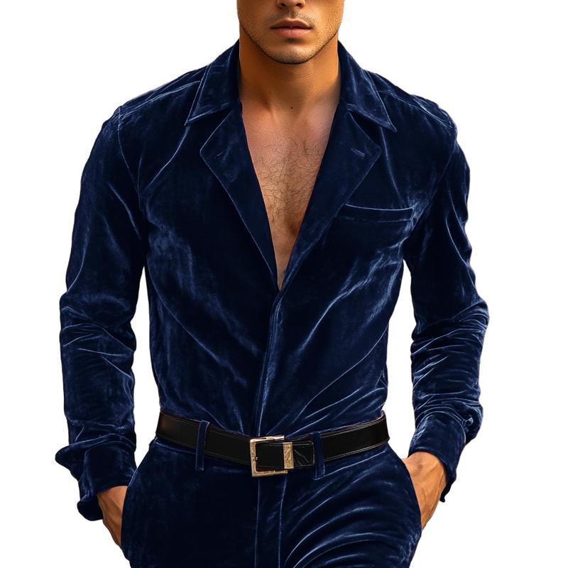 Men's Vintage Velvet Lapel V-Neck Chest Pocket Long Sleeve Shirt 47420898Y